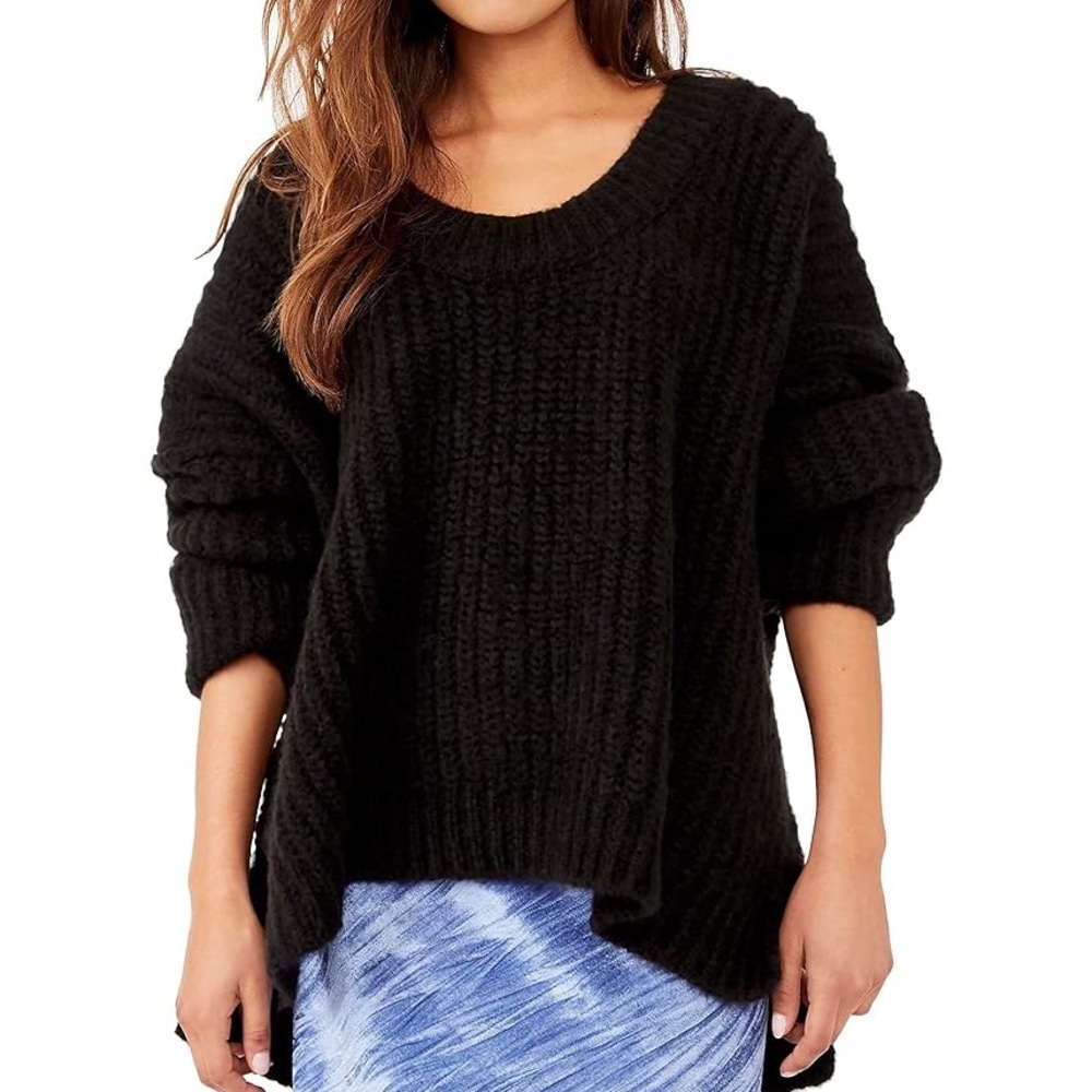 Free People Blue Bell V Neck Cable Knit‎ Black Oversized Sweater Size Small